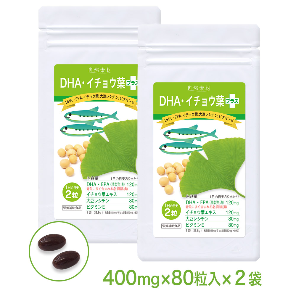 DHA・イチョウ葉プラス：DHA　EPA　イチョウ葉　大豆レシチン　ビタミンE入　サプリメント2袋セット（約80日分）
