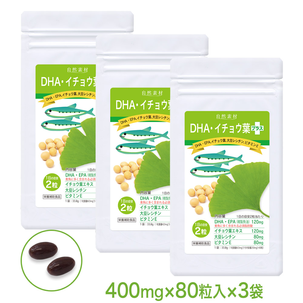 DHA・イチョウ葉プラス：DHA　EPA　イチョウ葉　大豆レシチン　ビタミンE入　サプリメント3袋セット（約120日分）