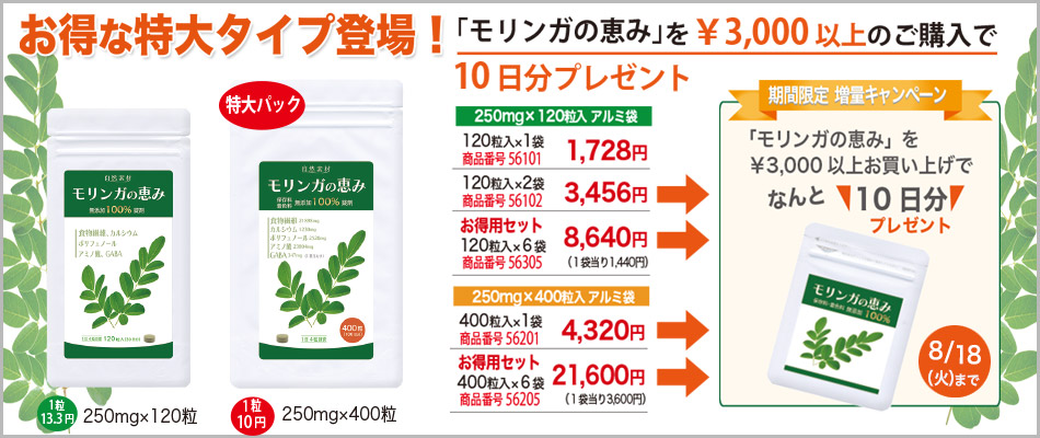 モリンガの恵み3,000円以上のご購入で10日分増量！